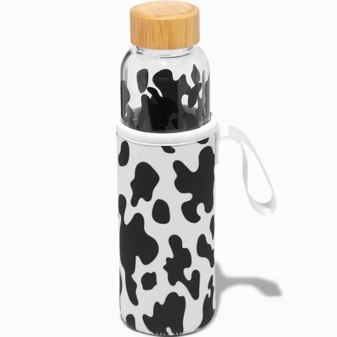 ICING Black & White Cow Print Glass Water Bottle with Sleeve