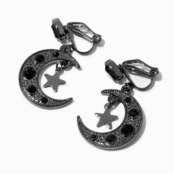 ICING Black Crescent Moon Star 1" Clip-On Drop Earrings