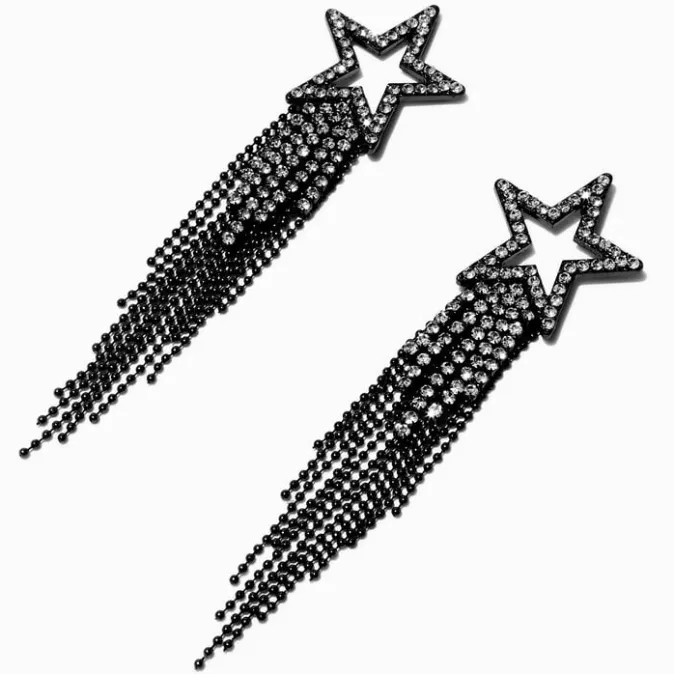 ICING Black Crystal Star Fringe 4" Drop Earrings