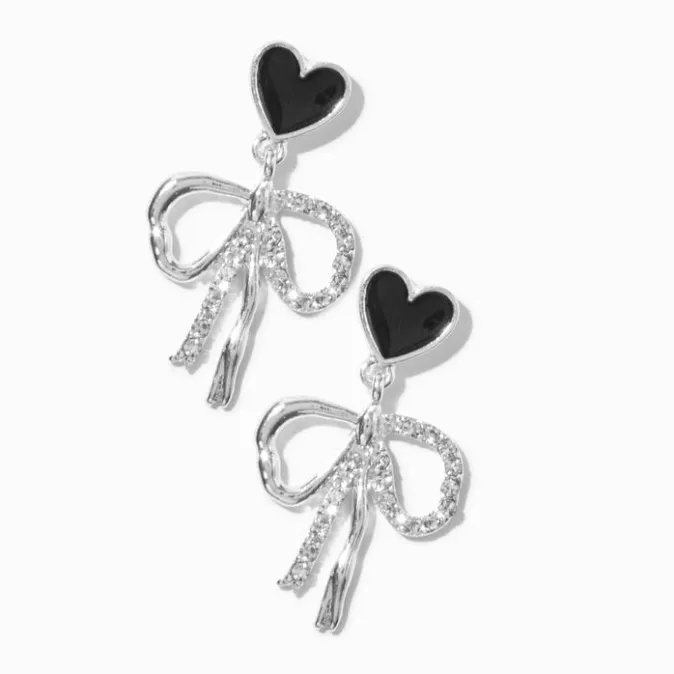 ICING Black Enamel Heart & Silver-tone Bow 1" Drop Earrings