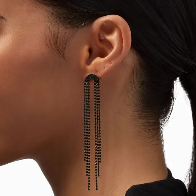 ICING Black Rhinestone 4" Horse Tail Fringe Drop Earrings