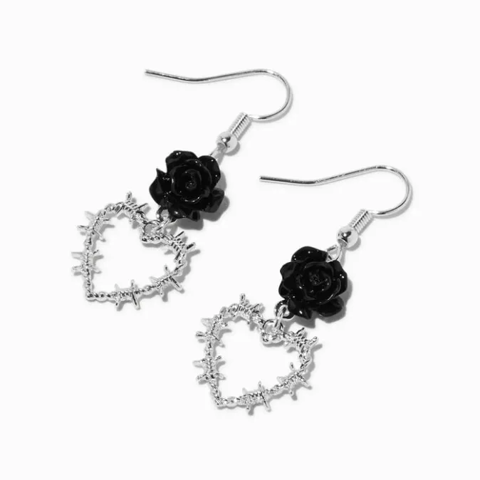 ICING Black Rose Barbed Wire Heart 1" Drop Earrings