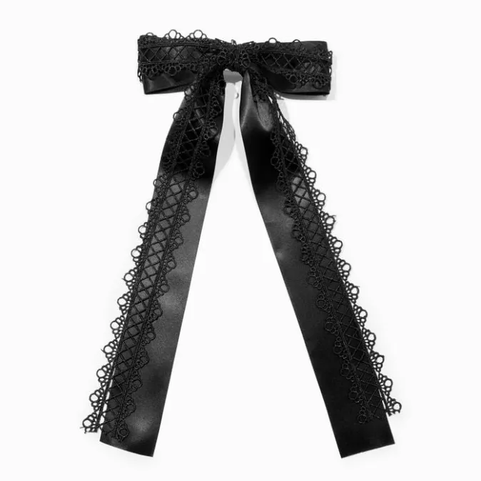 ICING Black Satin Lace Trim Long Tail Hair Bow Clip
