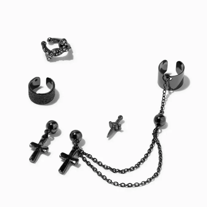 ICING Black Sword & Cross Connector Cuff Earring Stackables - 5 Pack
