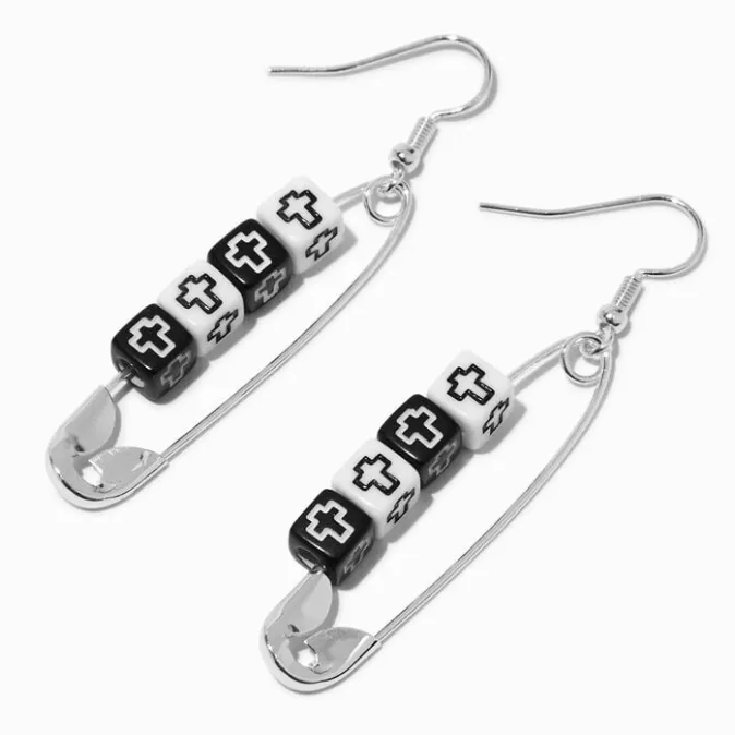 ICING Cross Safety Pin 2" Drop Earrings