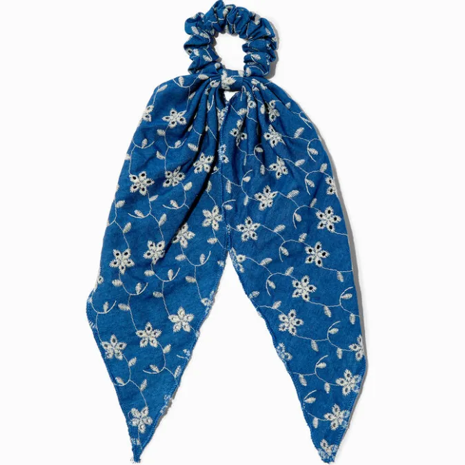 ICING Embroidered Floral Denim Hair Scrunchie Scarf