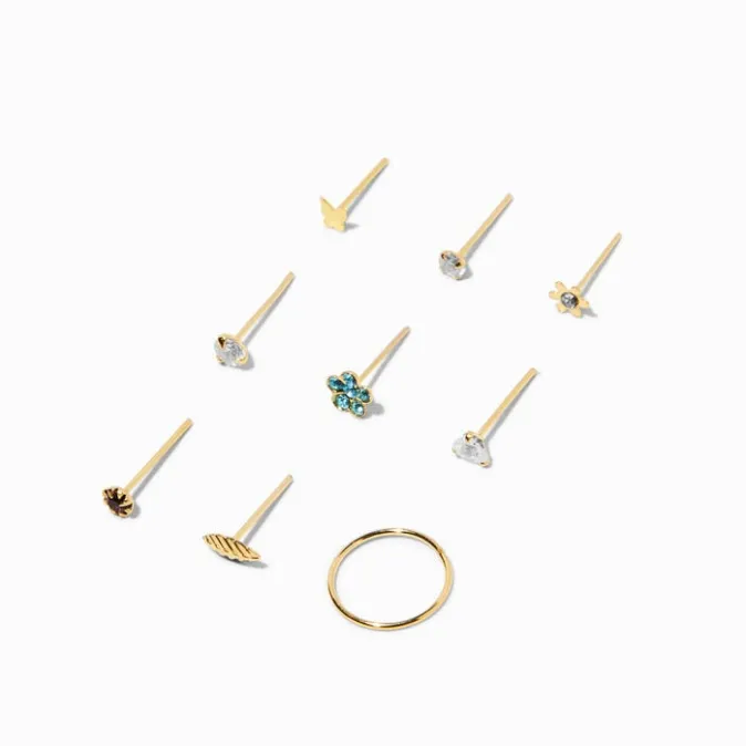 ICING 22G Gold-tone Sterling Silver Flower Nose Studs & Hoop - 9 Pack