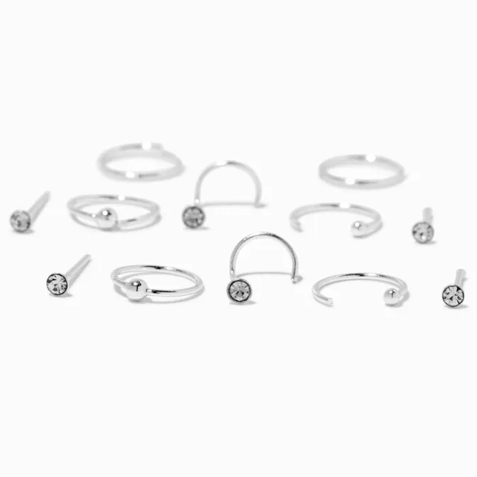 ICING 22G Sterling Silver Crystal Nose Studs & Hoop - 12 Pack