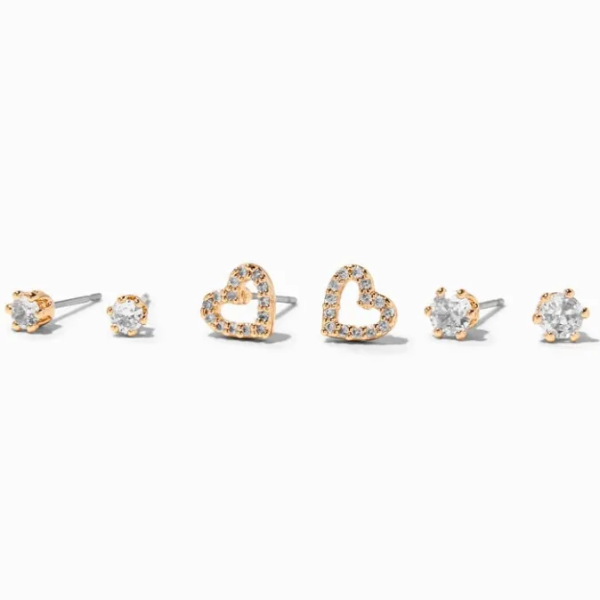 ICING Gold Cubic Zirconia Heart & Stud Earrings - 3 Pack