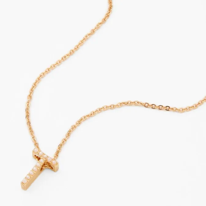 ICING Gold Mini Pearl Initial Pendant Necklace - T