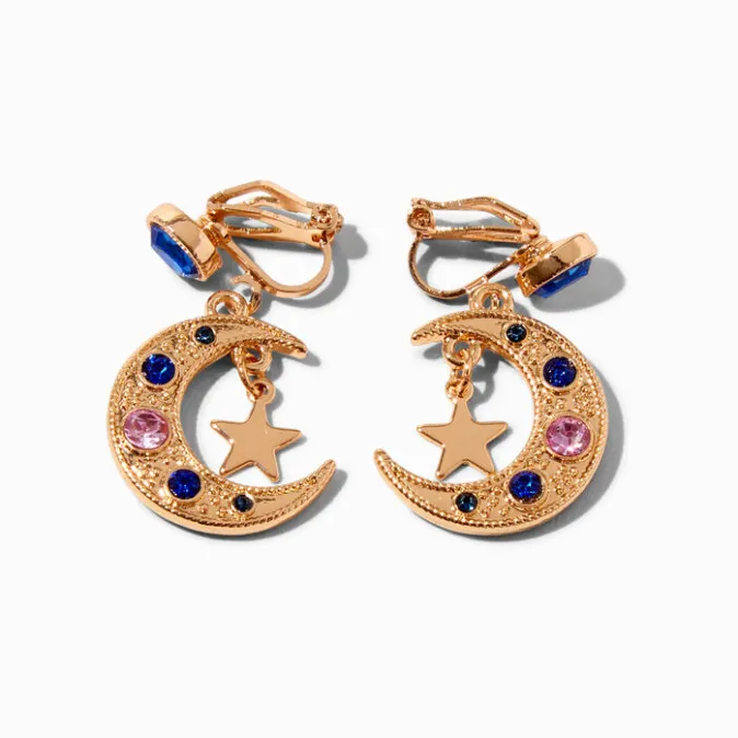 ICING Gold 1" Blue Crescent Moon Star Clip-On Drop Earrings