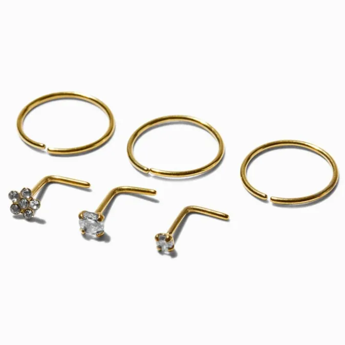 ICING Gold Stainless Steel 20G Daisy & Square Crystal Studs & Hoops - 6 Pack