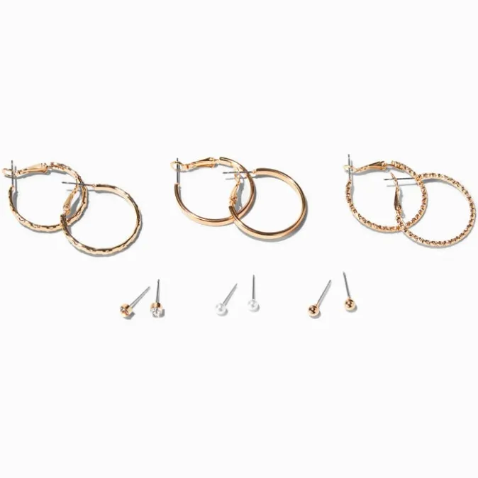 ICING Gold Textured Hoop & Studs Earrings Set - 6 Pack