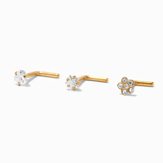 ICING Gold Titanium 18G Flower, Heart & Star Nose Studs - 3 Pack