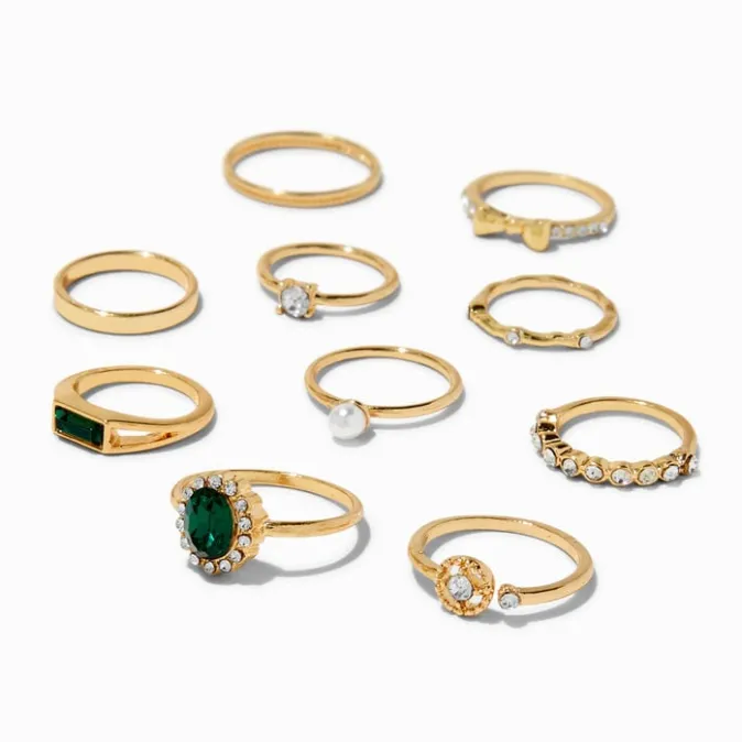 ICING Gold-tone & Emerald Bow Mixed Rings - 10 Pack