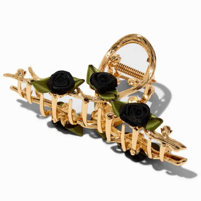 ICING Gold-tone Black Rose Embellished Large Hair Claw