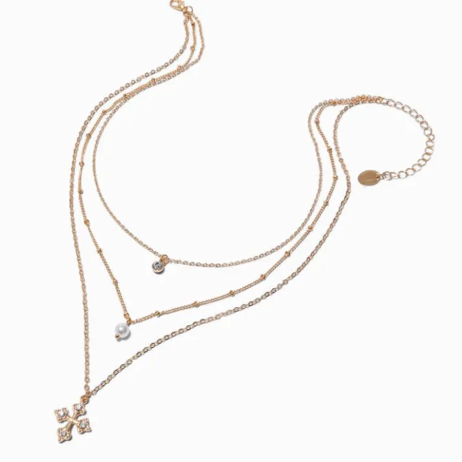 ICING Gold-tone Cathedral Cross Multi-Strand Chain Necklace