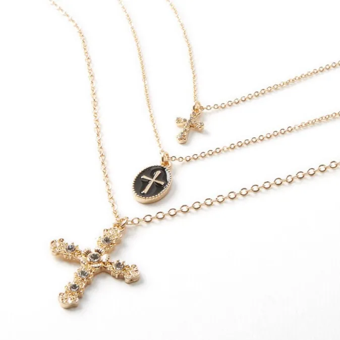 ICING Gold-tone Cross Trio Multi-Strand Necklace