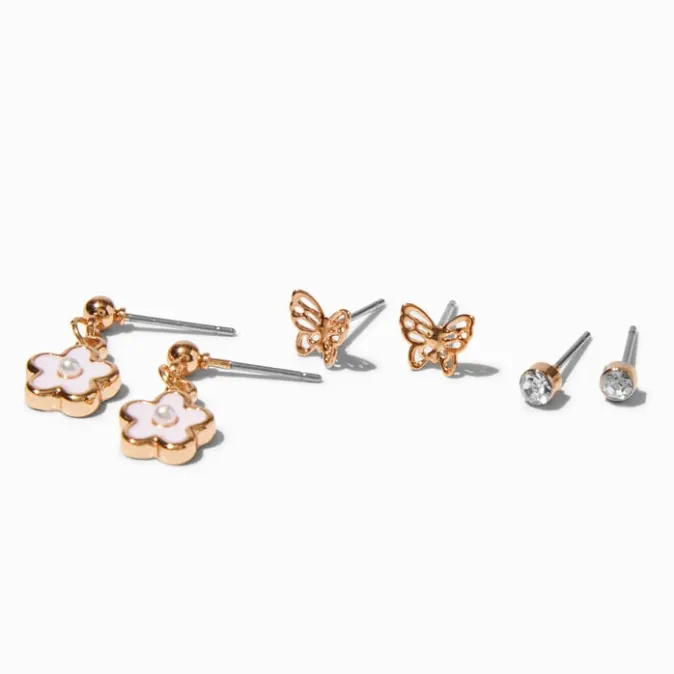 ICING Gold-tone Flowers & Butterflies Earring Set - 3 Pack