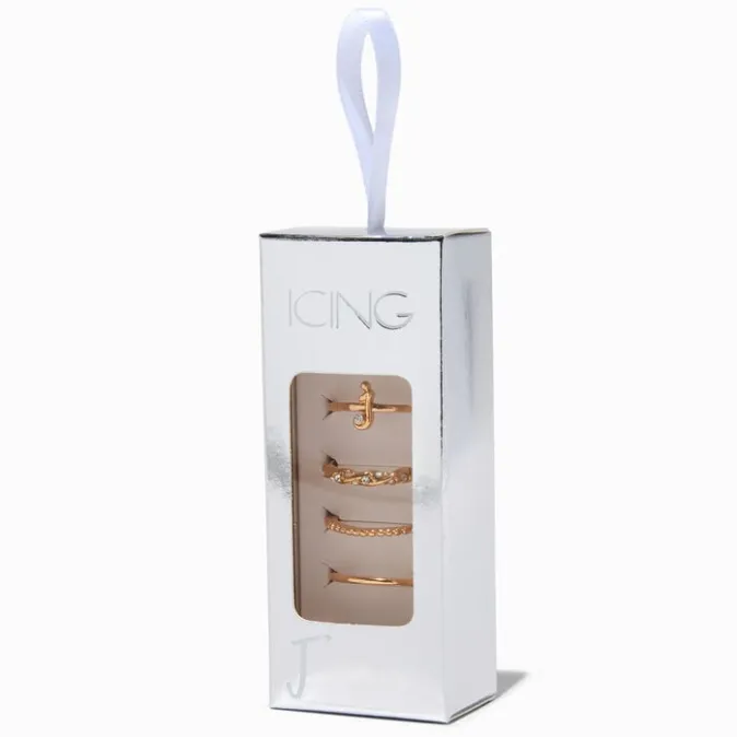ICING Gold-tone J Initial Ring Stack Set - 4 Pack