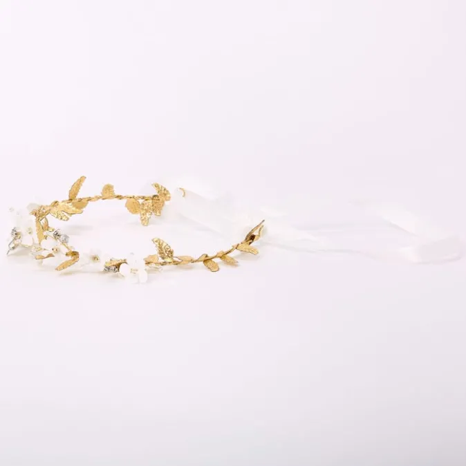ICING Gold-tone Metallic White Flower Crown Tie Headwrap