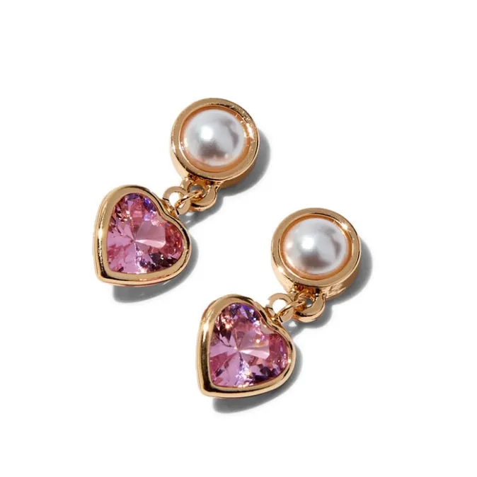 ICING Gold-tone Pearl & Pink Heart Cubic Zirconia 0.5" Drop Earrings