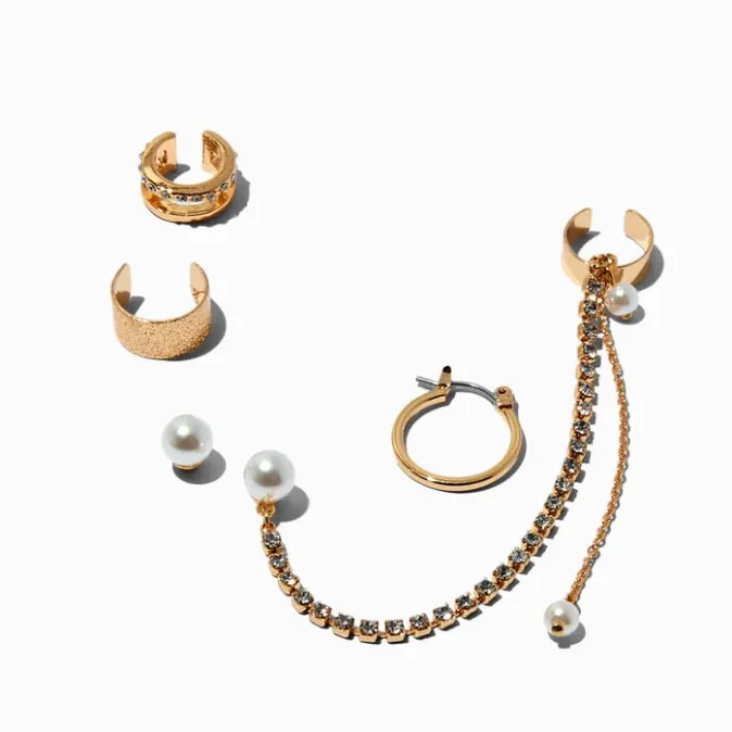 ICING Gold-tone Pearl Hoop Connector Cuff Earring Stackables - 5 Pack
