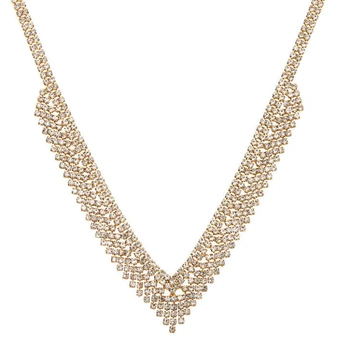 ICING Gold-tone Rhinestone Chevron Statement Necklace