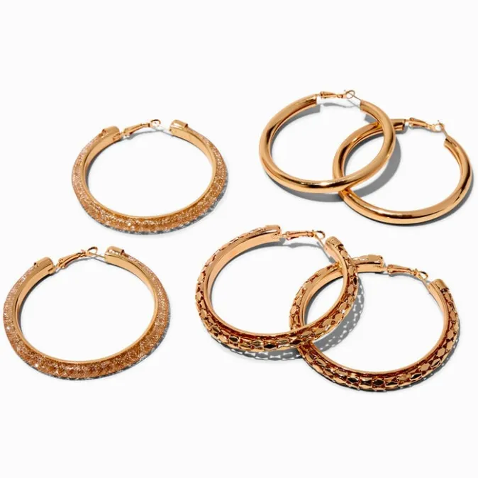 ICING Gold-tone Rhinestone 60MM Hoop Earrings - 3 Pack