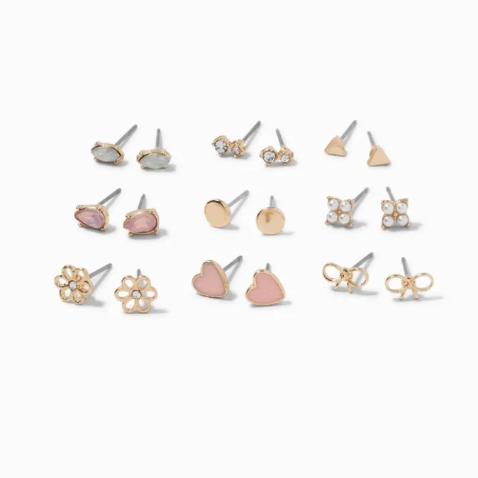 ICING Gold-tone Romantic Pink Stud Earrings - 9 Pack