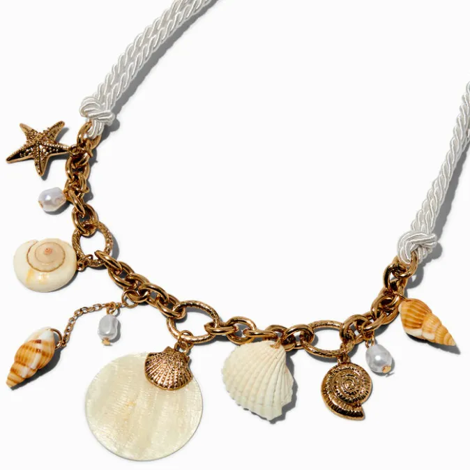 ICING Gold-tone Seashells White Rope Charm Necklace