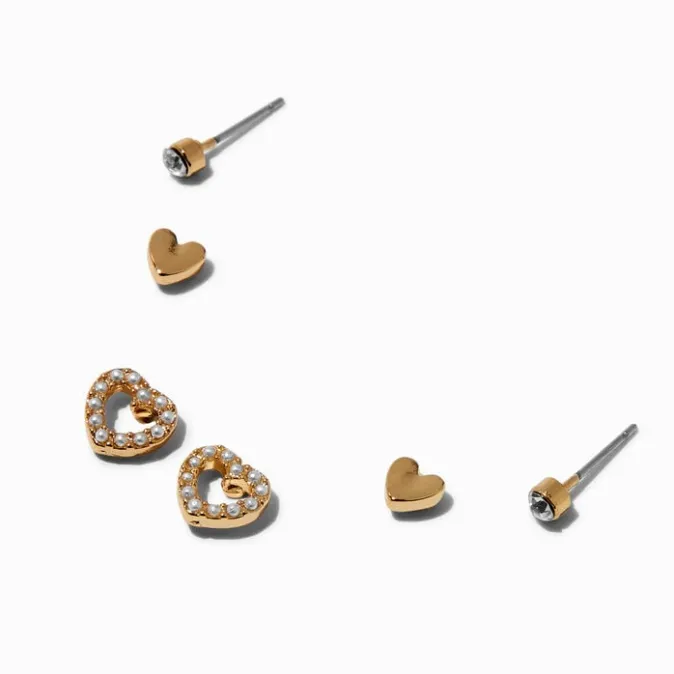 ICING Gold-tone Stacked Pearl Heart Stud Earrings - 3 Pack