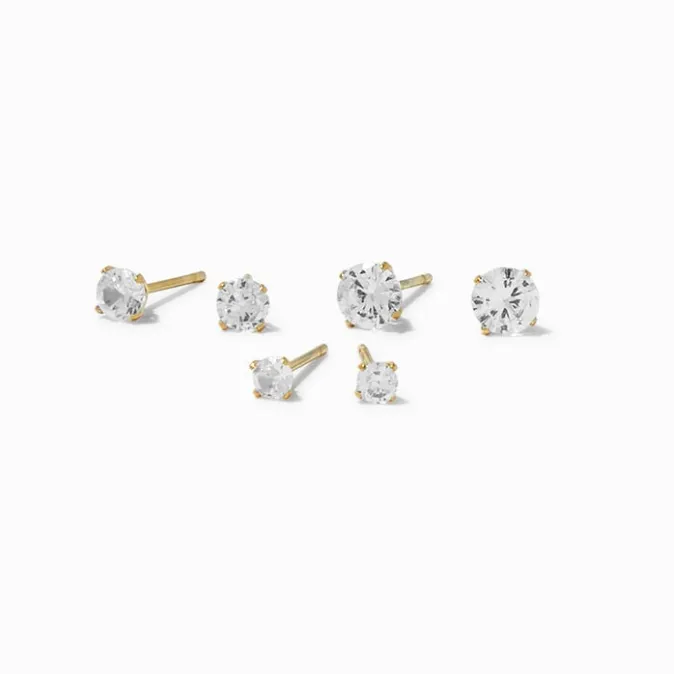 ICING Gold-tone Stainless Steel Round Cubic Zirconia Stud Earrings - 3 Pack
