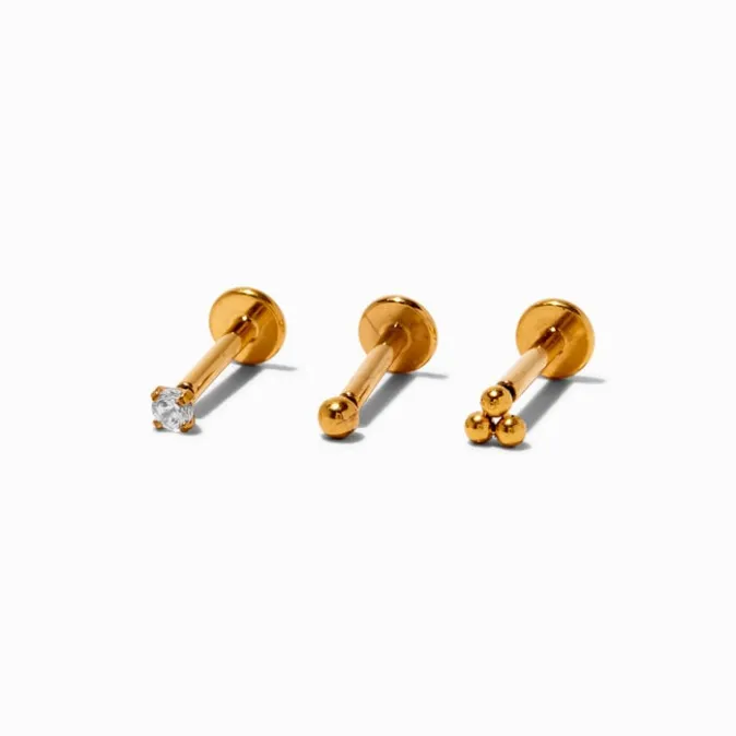 ICING Gold-tone Titanium Cubic Zirconia 16G Tragus Threadless Flat Back Earrings - 3 Pack