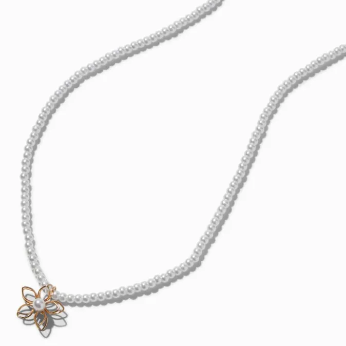 ICING Gold-tone Wire Flower Faux Pearl Pendant Necklace