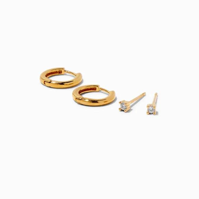 ICING Select 18k Yellow Gold Plated Cubic Zirconia 2MM Stud & 8MM Hoop Earrings - 2 Pack