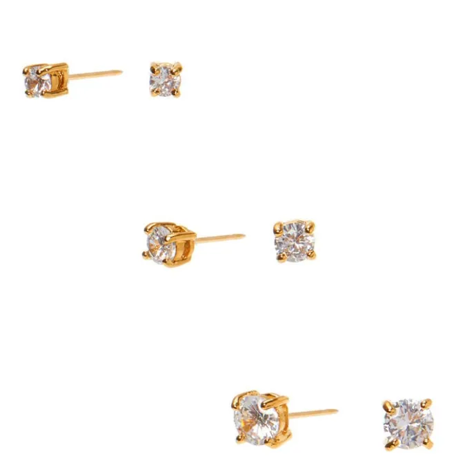ICING 18kt Gold Plated Cubic Zirconia Small Graduated Round Stud Earrings - 3 Pack