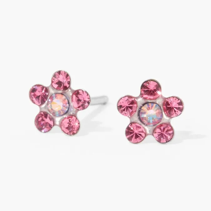ICING 14kt White Gold Rose Crystal Daisy Studs Ear Piercing Kit with Ear Care Solution