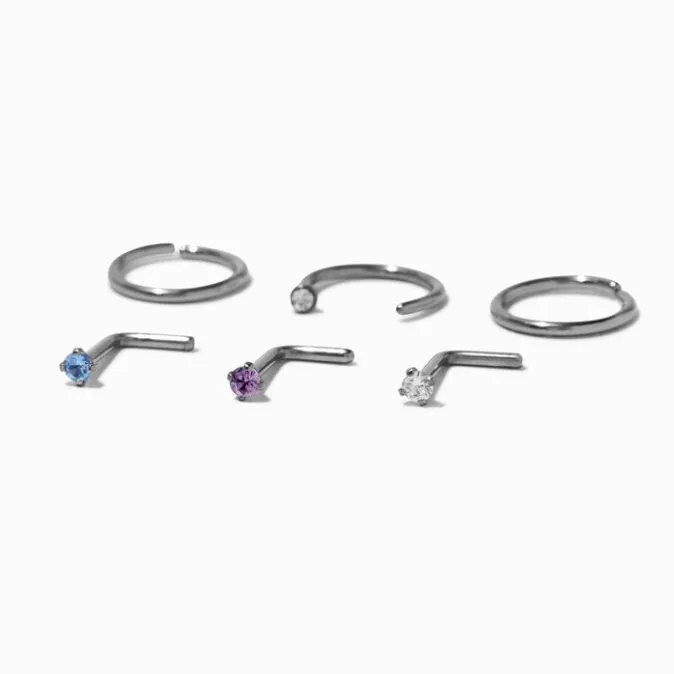 ICING Mixed Crystal 18G Silver-tone Titanium Nose Rings - 6 Pack