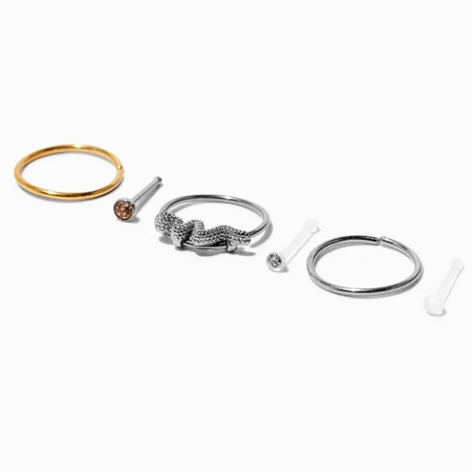 ICING Mixed Metal 20G Retainer Stud & Snake Hoop Nose Rings - 6 Pack
