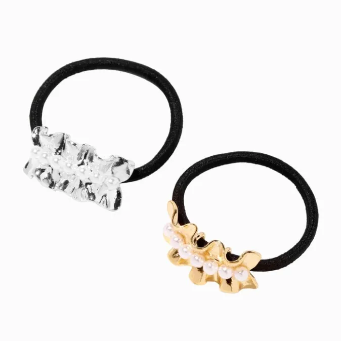 ICING Mixed Metal Ruffle Pearl Cuff Hair Ties - 2 Pack