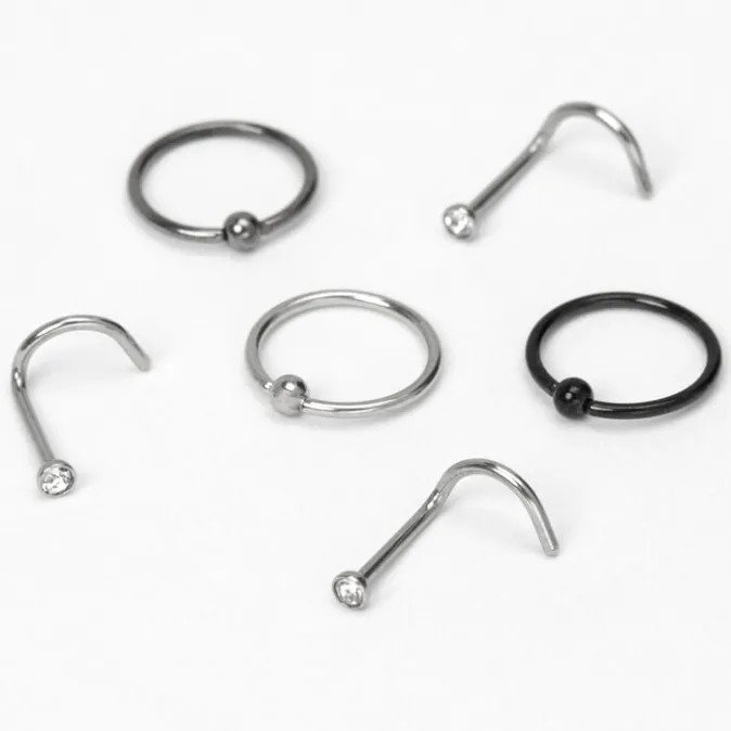 ICING Mixed Metal Stainless Steel Ball & Stone Mixed 20G Nose Rings - 6 Pack