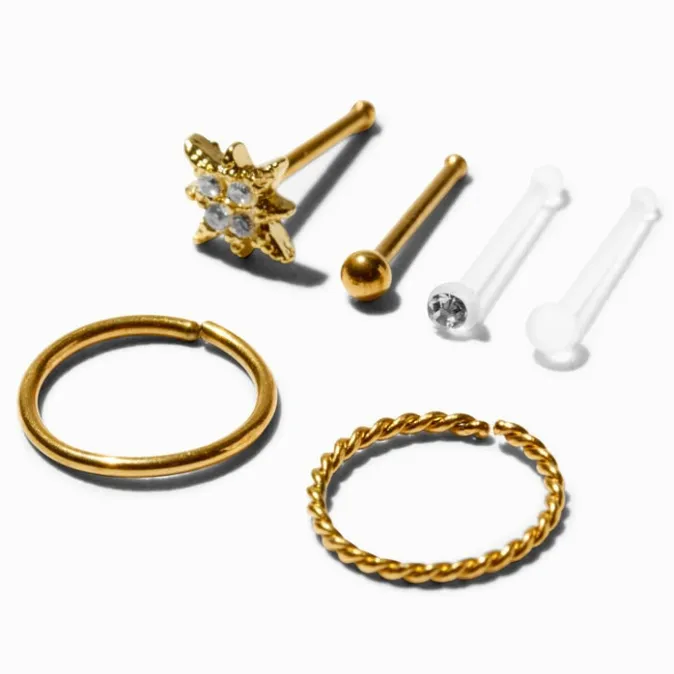 ICING Mixed Metal Stainless Steel Starburst 20G Stud & Hoop Nose Rings - 6 Pack