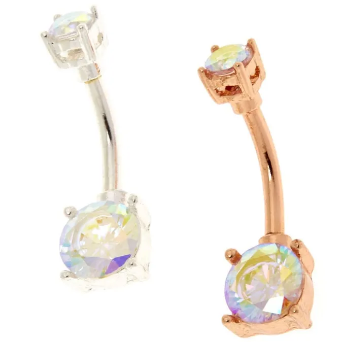 ICING Mixed Metal Stainless Steel AB Cubic Zirconia 14G Belly Bar - 2 Pack