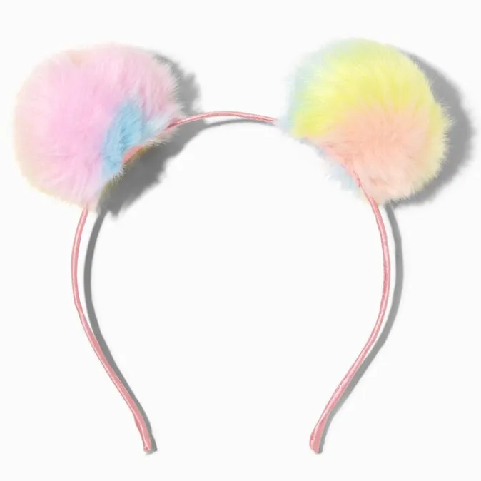 ICING Pastel Rainbow Bear Furry Pom Pom Ears Headband