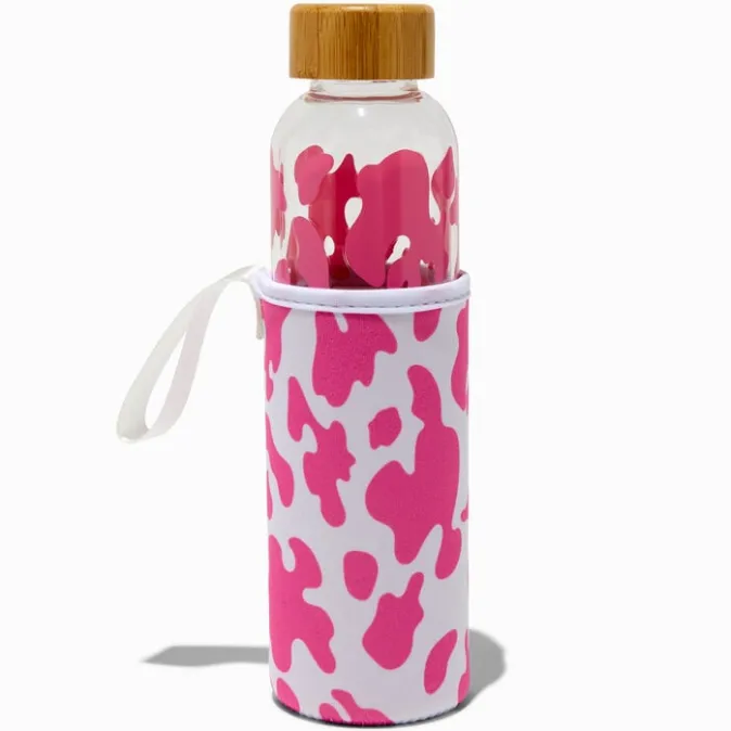 ICING Pink Cow Print Glass Water Bottle with Pouch
