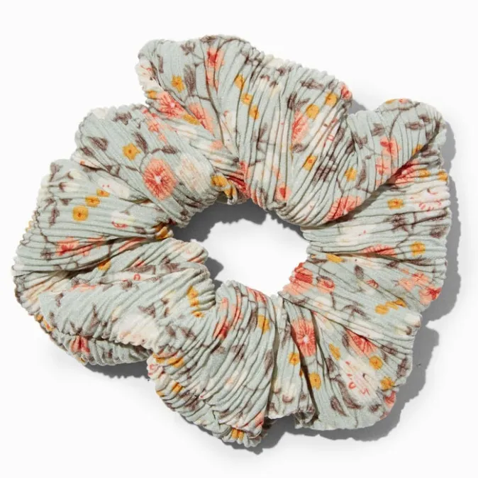 ICING Pleated Green Floral Hair Scrunchie