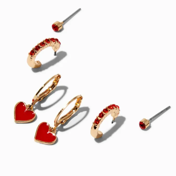 ICING Red Heart & Gemstone Mixed Earring Stackables Set - 3 Pack
