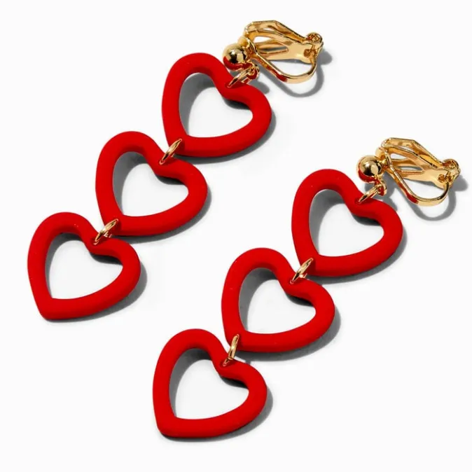 ICING Red Triple Heart 2" Linear Clip-on Drop Earrings