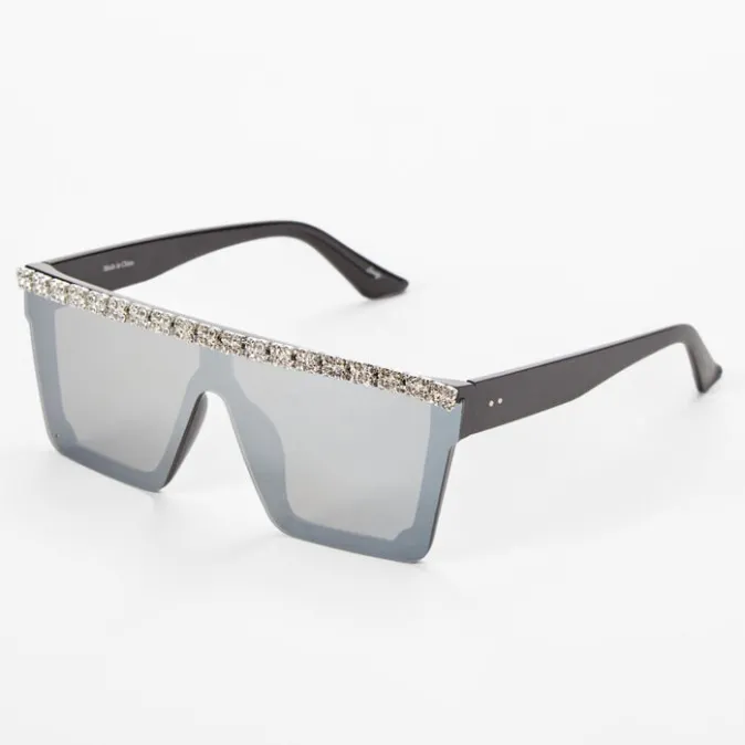 ICING Rhinestone Browline Black & Gray Shield Sunglasses